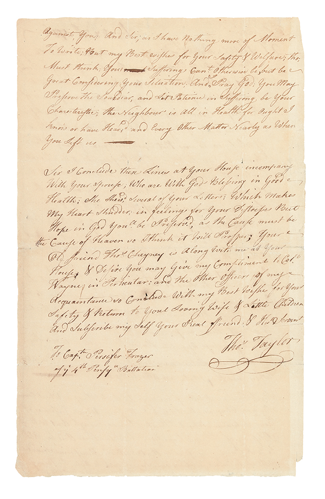 (AMERICAN REVOLUTION--1776.) Taylor, Thomas. Letter from a Pennsylvania man reflecting on the recent Declaration of Independence.